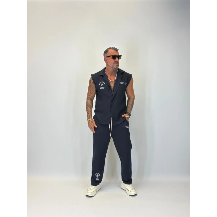 Yıkamalı Hasır Kolsuz Takım Lacivert