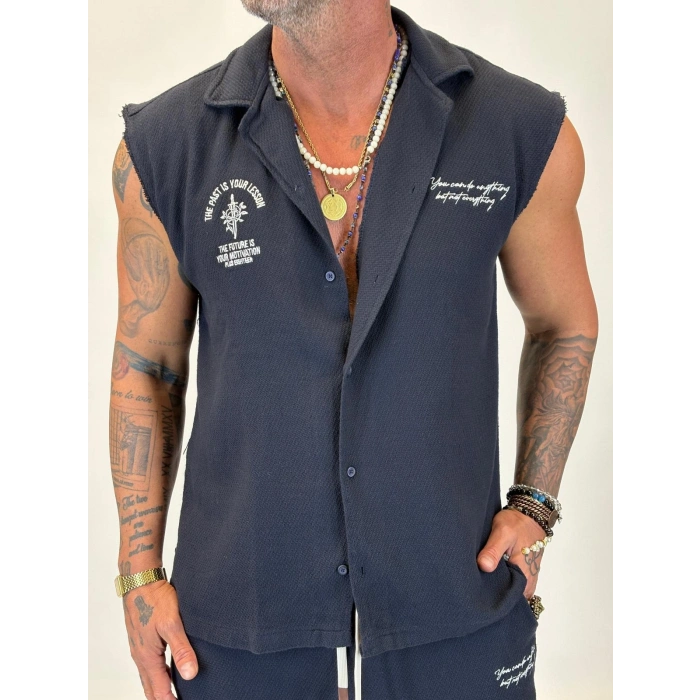 Yıkamalı Hasır Kolsuz Takım Lacivert