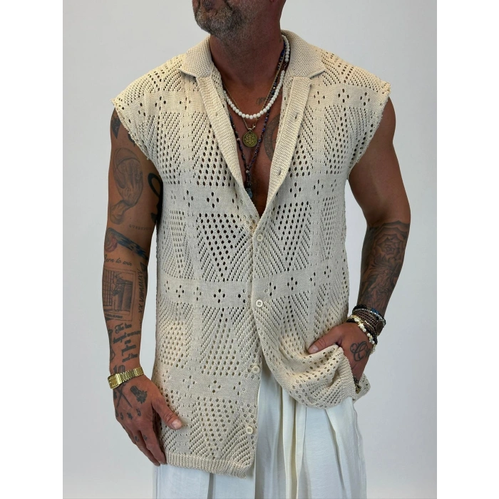 Akrilik Triko Kolsuz Gömlek Bej