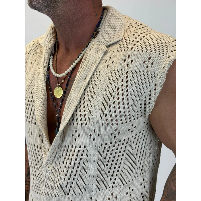 Akrilik Triko Kolsuz Gömlek Bej