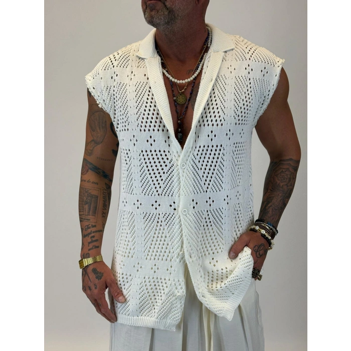 Akrilik Triko Kolsuz Gömlek Beyaz