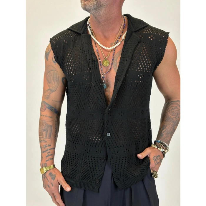 Akrilik Triko Kolsuz Gömlek Siyah