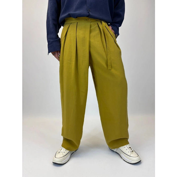 Organic Tesla Kemer Detaylı Pileli Pantolon Hardal