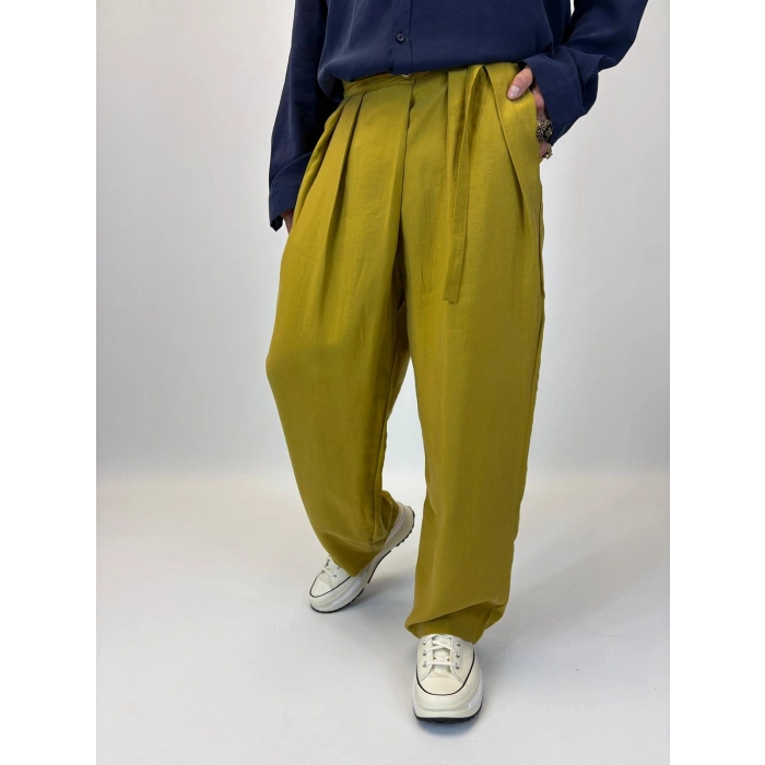 Organic Tesla Kemer Detaylı Pileli Pantolon Hardal