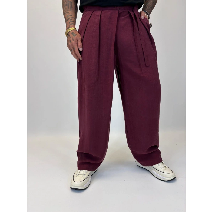 Organic Tesla Kemer Detaylı Pileli Pantolon Bordo
