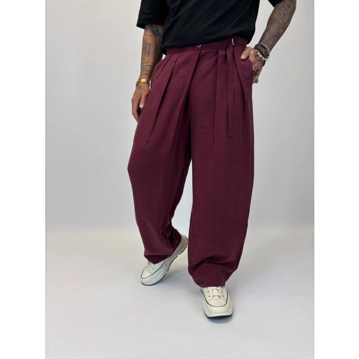 Organic Tesla Kemer Detaylı Pileli Pantolon Bordo