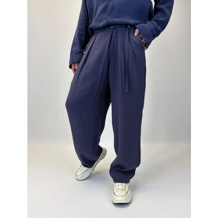 Organic Tesla Kemer Detaylı Pileli Pantolon Lacivert