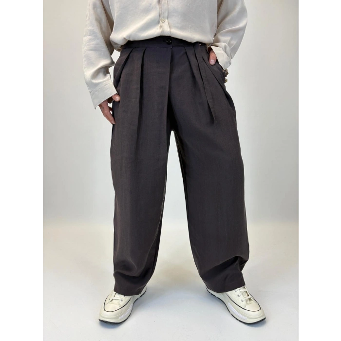 Organic Tesla Kemer Detaylı Pileli Pantolon Kahverengi