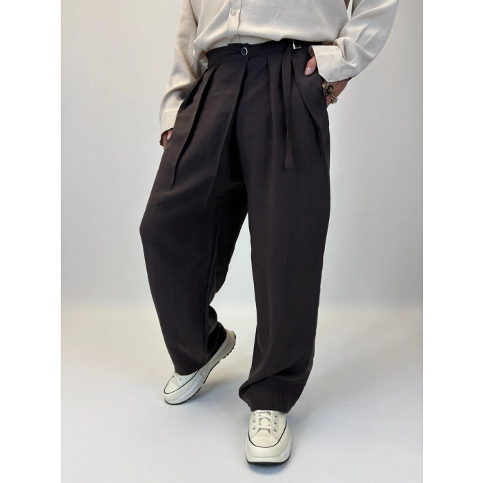 Organic Tesla Kemer Detaylı Pileli Pantolon Kahverengi