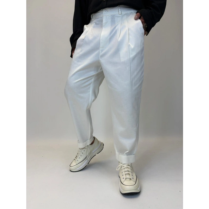 İtalyan Double Paça Pileli Pamuk Saten Pantolon Beyaz