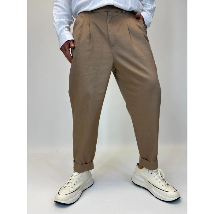 İtalyan Double Paça Pileli Pamuk Saten Pantolon Kahve