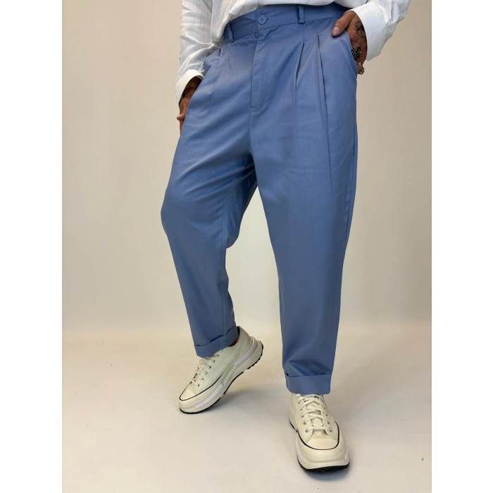 İtalyan Double Paça Pileli Pamuk Saten Pantolon İndigo