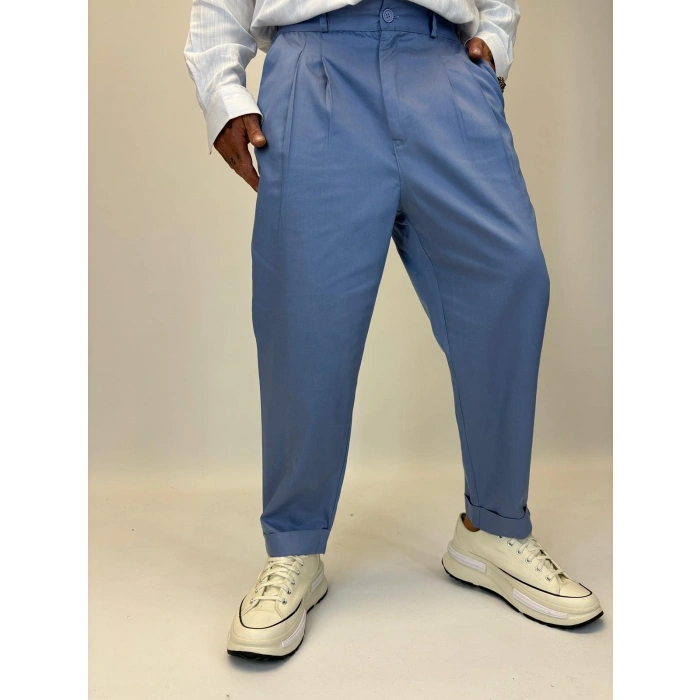 İtalyan Double Paça Pileli Pamuk Saten Pantolon İndigo