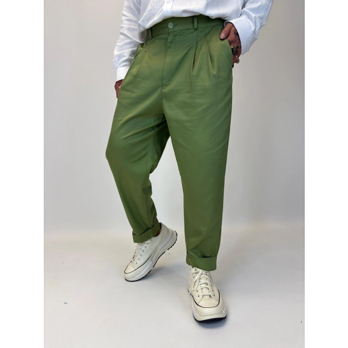 İtalyan Double Paça Pileli Pamuk Saten Pantolon Yeşil