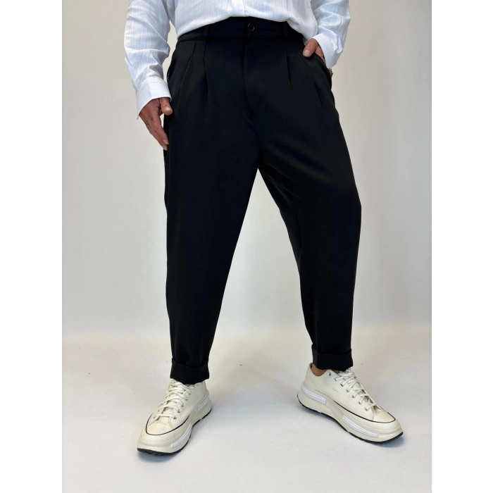 İtalyan Double Paça Pileli Pamuk Saten Pantolon Siyah