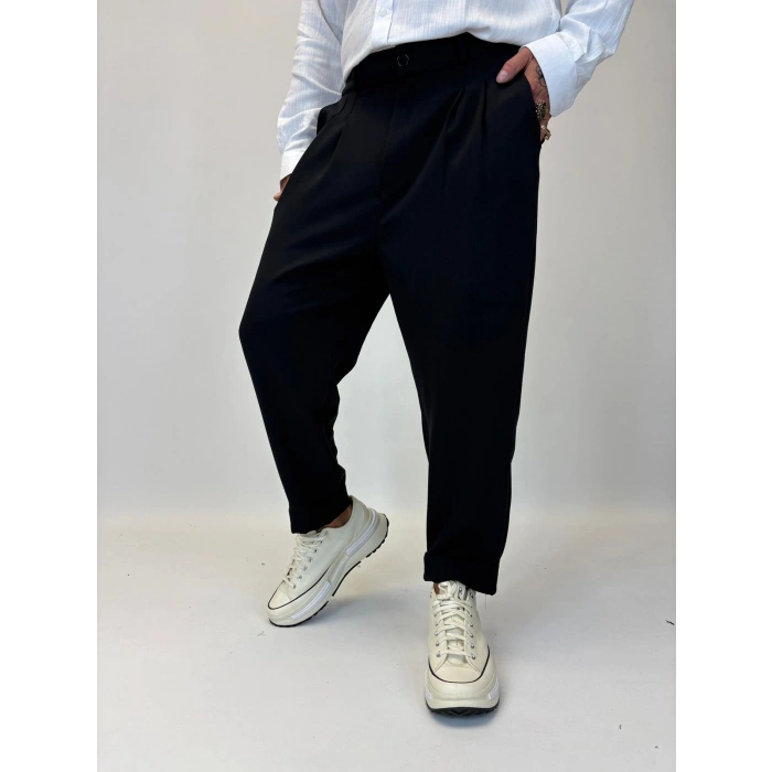 İtalyan Double Paça Pileli Pamuk Saten Pantolon Siyah