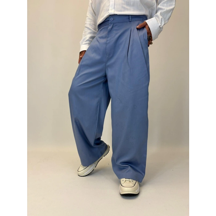 Baloon Pileli Pamuk Saten Pantolon İndigo