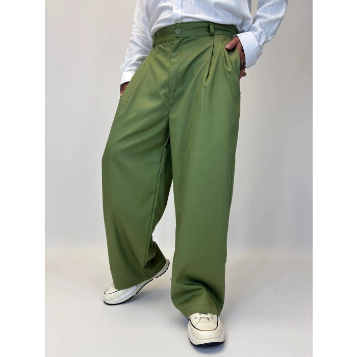 Baloon Pileli Pamuk Saten Pantolon Yeşil