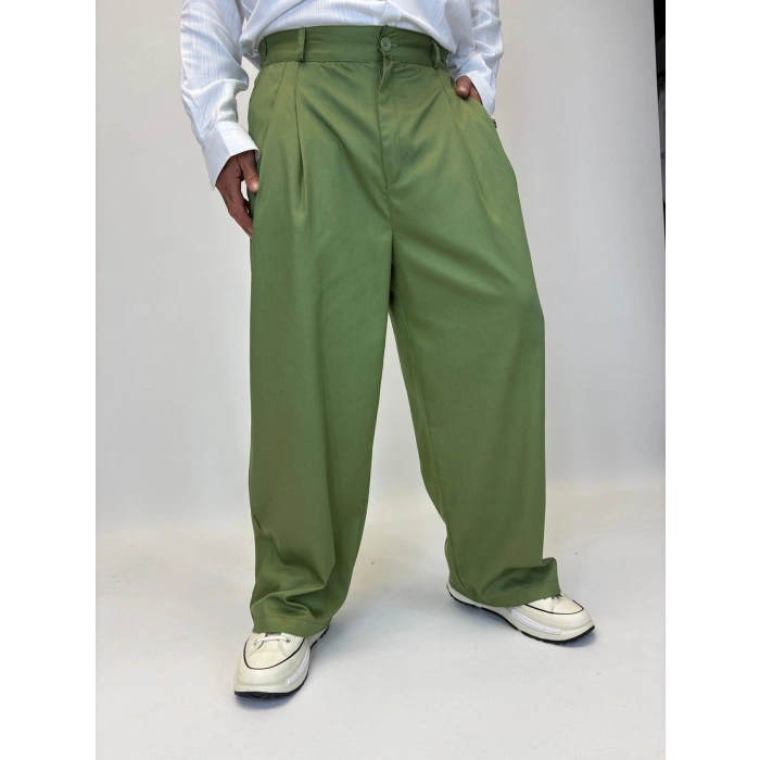 Baloon Pileli Pamuk Saten Pantolon Yeşil