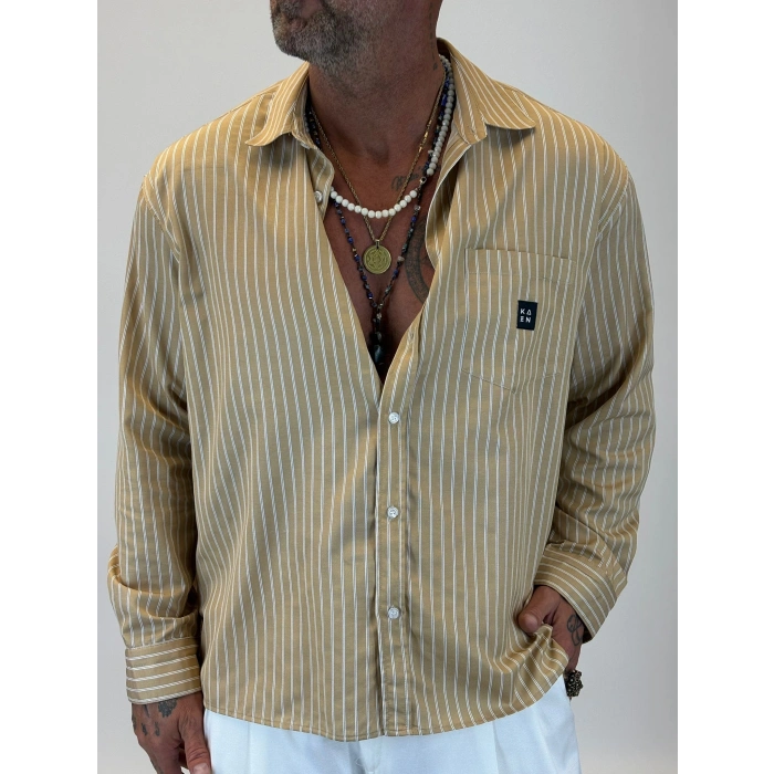 Kaen Çizgili Oversize Gömlek Camel