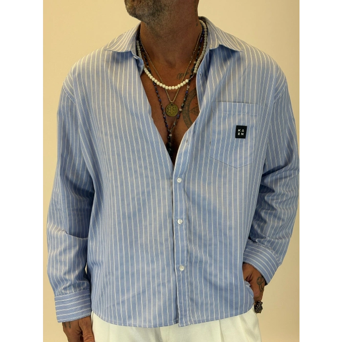 Kaen Çizgili Oversize Gömlek Mavi