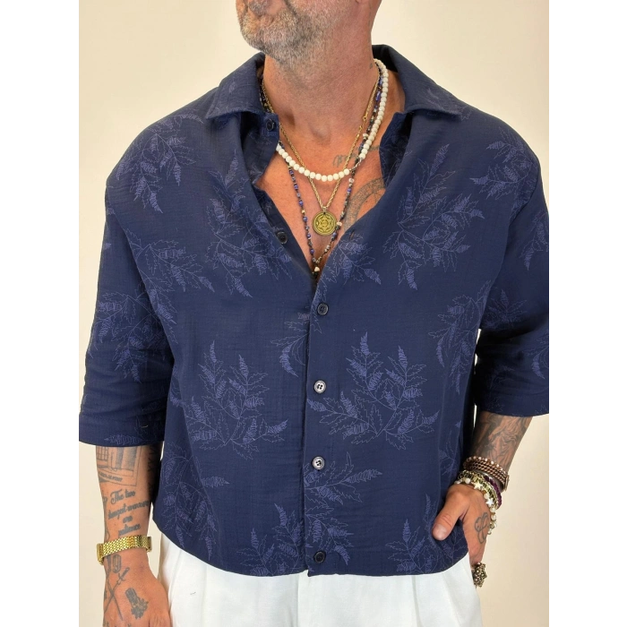 Crop Çiçek Nakışlı Tky Gömlek Lacivert