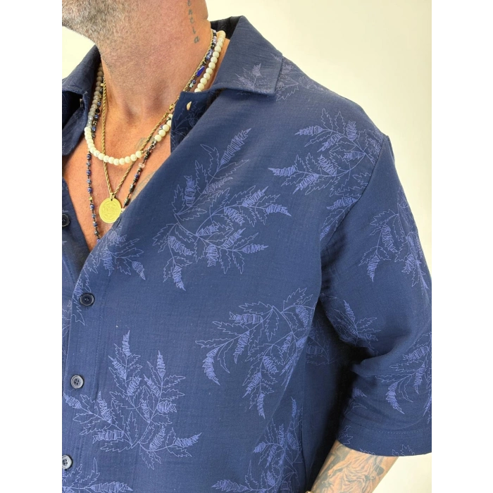 Crop Çiçek Nakışlı Tky Gömlek Lacivert