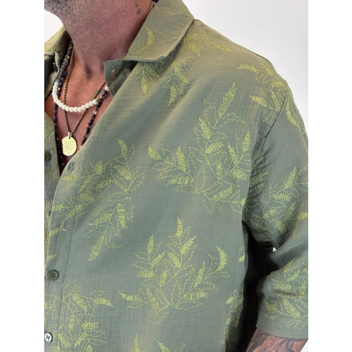 Crop Çiçek Nakışlı Tky Gömlek Yeşil