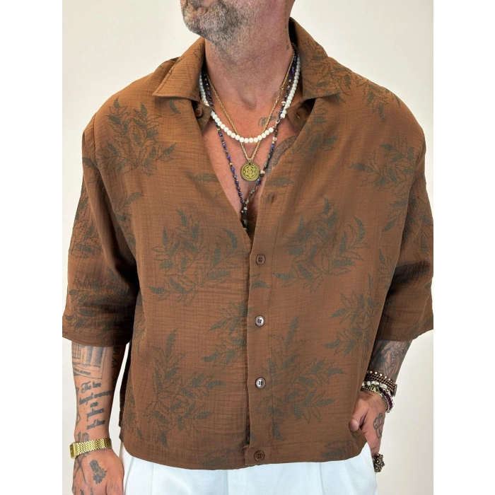 Crop Çiçek Nakışlı Tky Gömlek Kahve