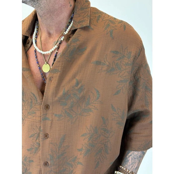 Crop Çiçek Nakışlı Tky Gömlek Kahve