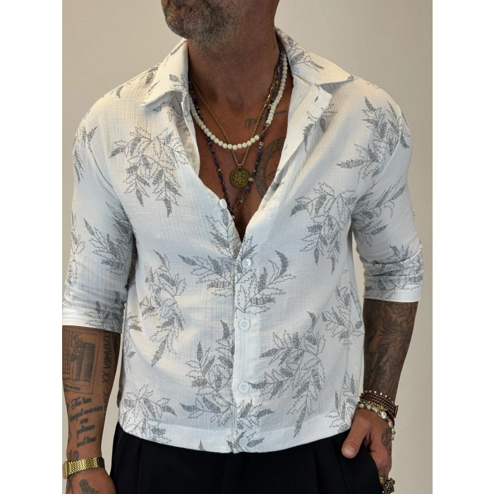 Crop Çiçek Nakışlı Tky Gömlek Beyaz