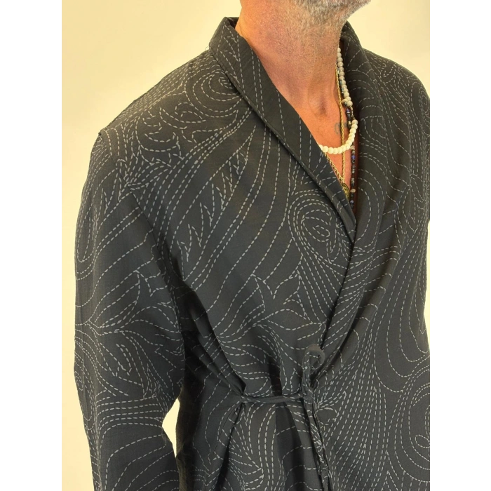 Nakışlı Kimono Gömlek Siyah