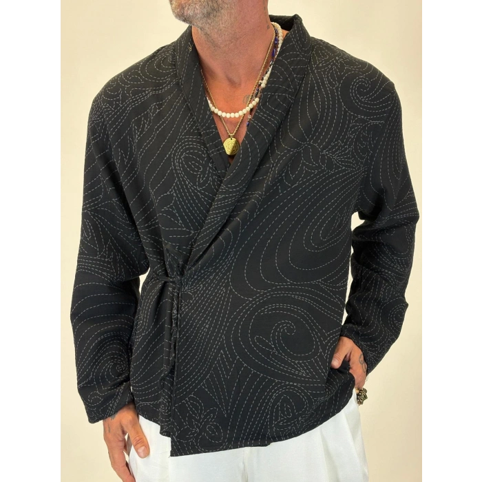 Nakışlı Kimono Gömlek Siyah