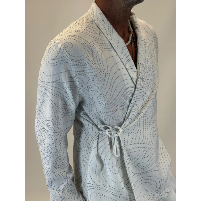 Nakışlı Kimono Gömlek Beyaz