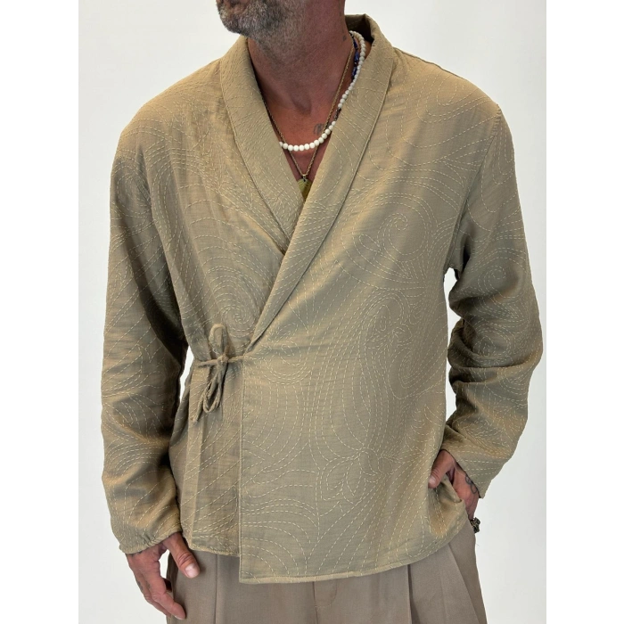 Nakışlı Kimono Gömlek Vizon