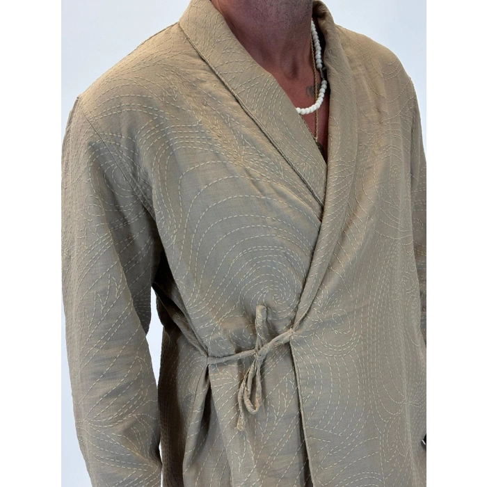 Nakışlı Kimono Gömlek Vizon