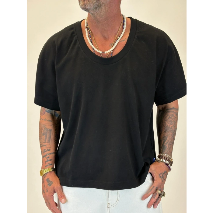 Tky Açık Yaka Oversize Crop T-shirt Siyah