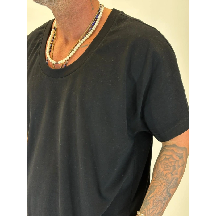 Tky Açık Yaka Oversize Crop T-shirt Siyah