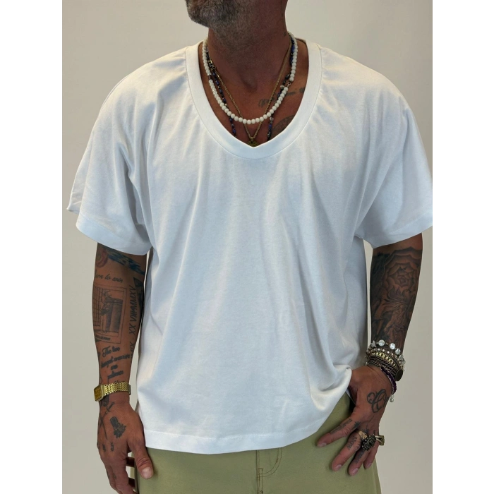 Tky Açık Yaka Oversize Crop T-shirt Beyaz