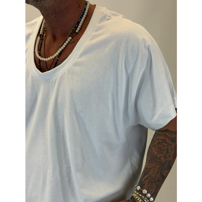 Tky Açık Yaka Oversize Crop T-shirt Beyaz