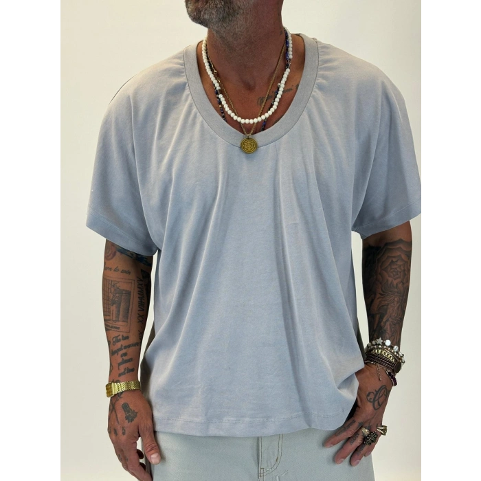 Tky Açık Yaka Oversize Crop T-shirt Gri