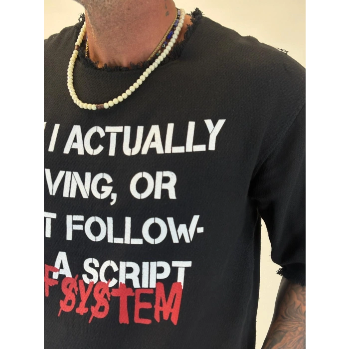 Hasır Kesik Yaka Baskılı T-shirt Siyah