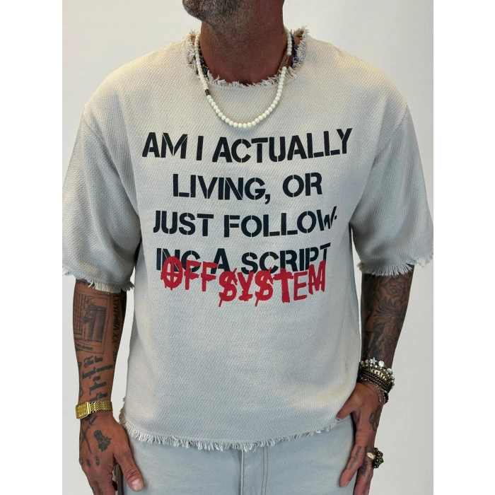 Hasır Kesik Yaka Baskılı T-shirt Gri