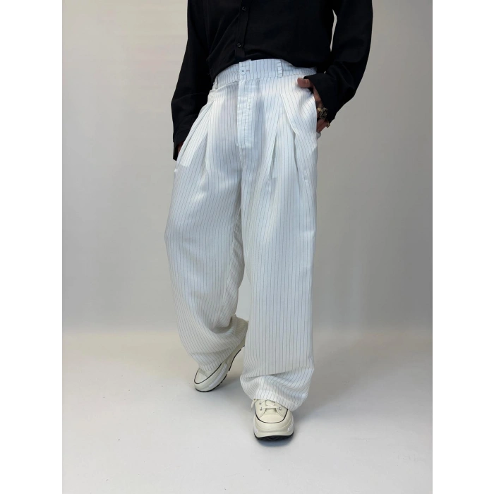 Çizgili Pileli Palazzo Pantolon Beyaz