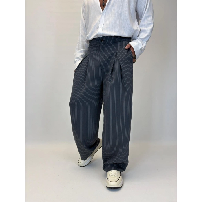 Çizgili Pileli Palazzo Pantolon Antrasit