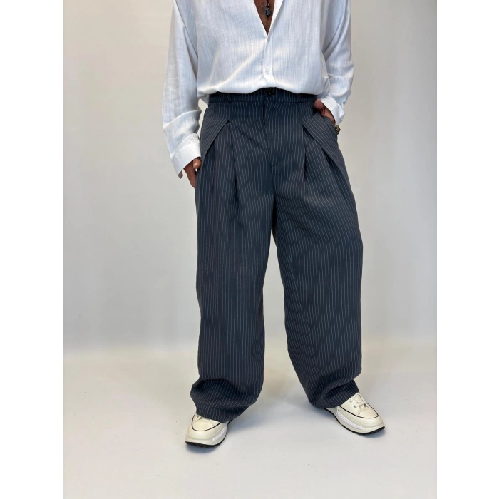 Çizgili Pileli Palazzo Pantolon Antrasit