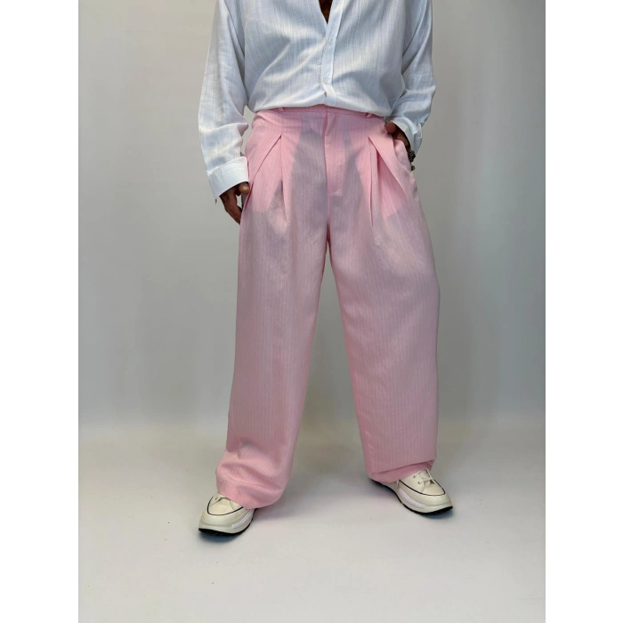 Çizgili Pileli Palazzo Pantolon Pembe