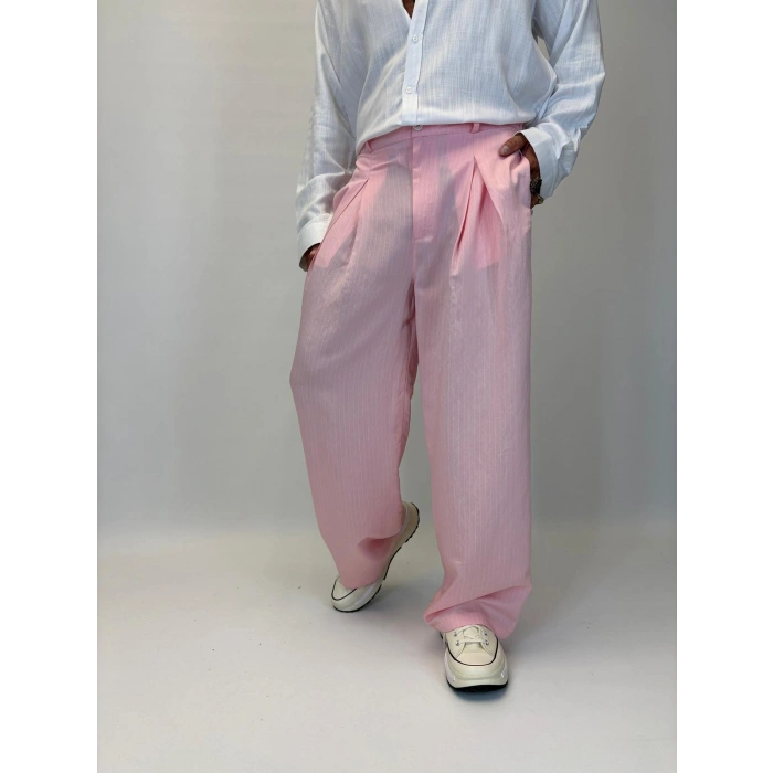 Çizgili Pileli Palazzo Pantolon Pembe
