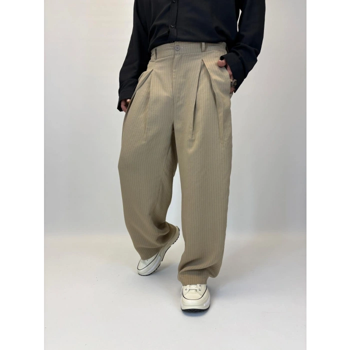 Çizgili Pileli Palazzo Pantolon Bej