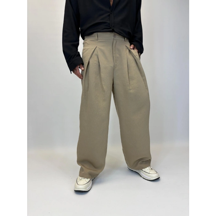 Çizgili Pileli Palazzo Pantolon Bej